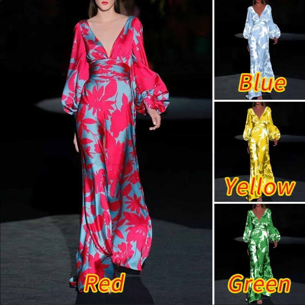 Floral Print, Bell Sleeved, Low Cut Maxidress